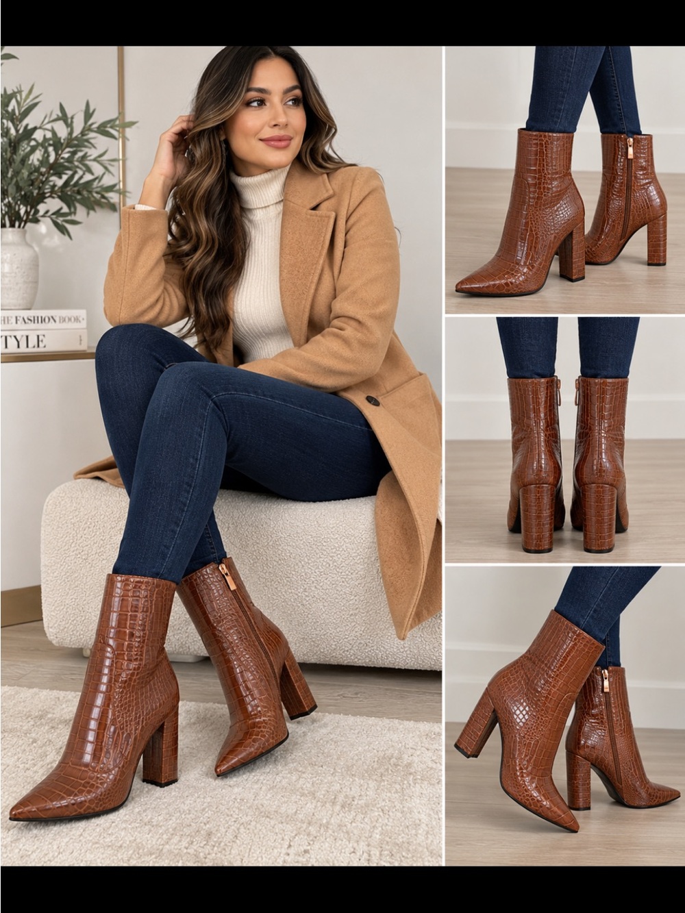 Lulu's Brown Croc-Embossed Pointed Toe Ankle Booties